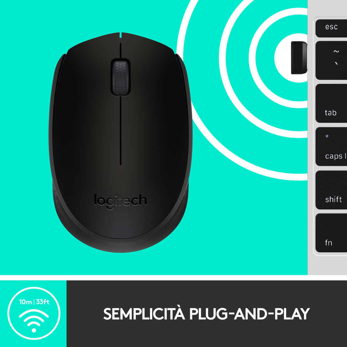 Logitech M171 Mouse Wireless, 2.4 GHz con Mini Ricevitore USB, Rilevamento Ottico, Durata Batteria Fino a 12 Mesi, Mouse Ambidestro per PC/Mac/Laptop, Nero