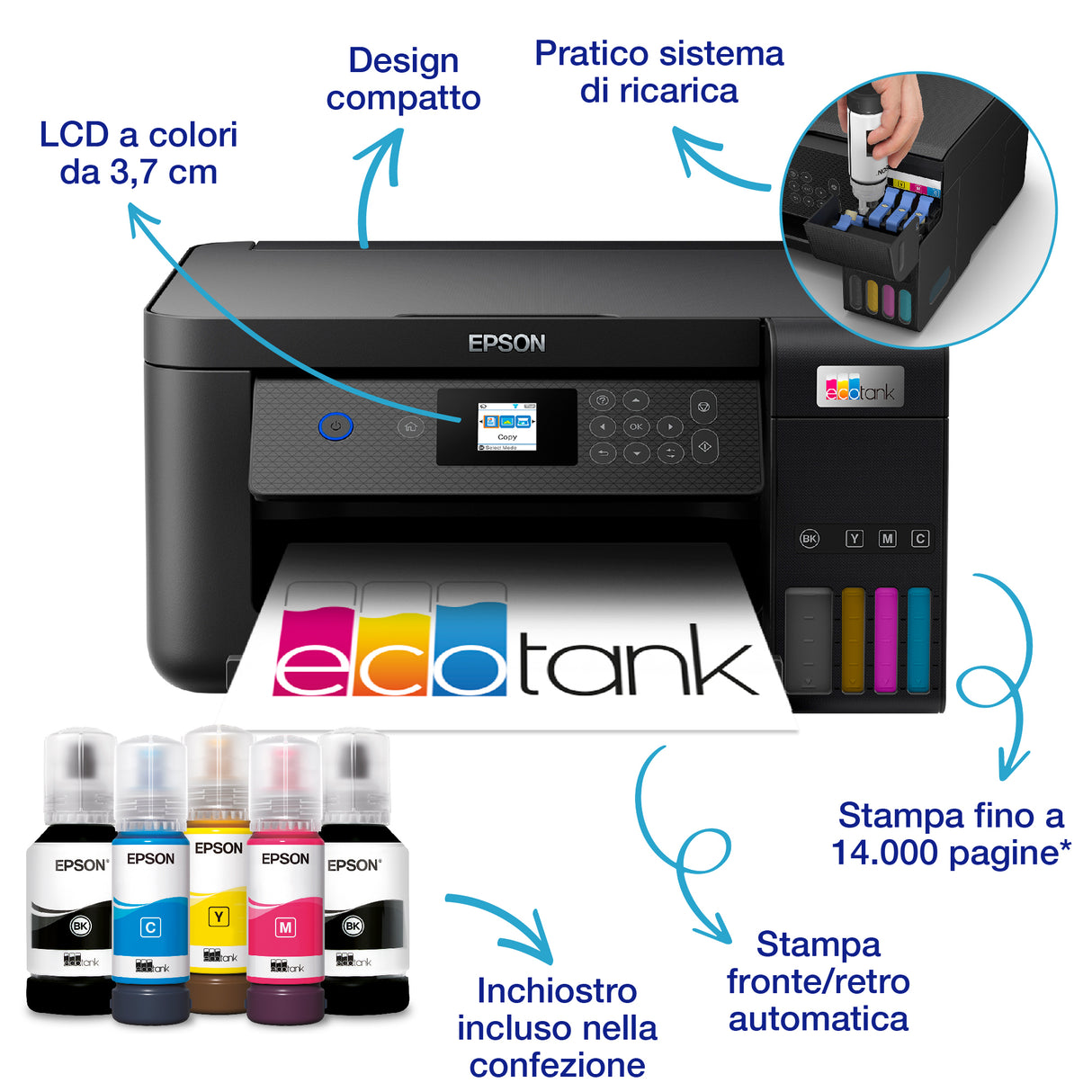 Epson EcoTank ET-2850 stampante multifunzione inkjet 3-in-1 A4, serbatoi ricaricabili alta capacità, 5 flaconi inclusi pari a 14000pag B/N 5200pag colore, Wi-FI Direct, USB