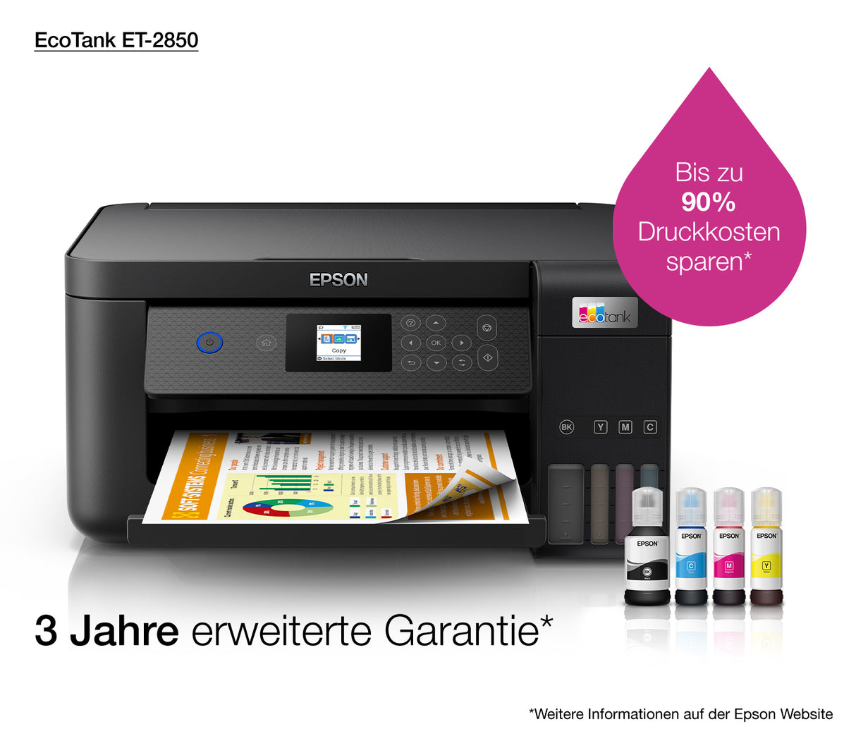 Epson EcoTank ET-2850 stampante multifunzione inkjet 3-in-1 A4, serbatoi ricaricabili alta capacità, 5 flaconi inclusi pari a 14000pag B/N 5200pag colore, Wi-FI Direct, USB
