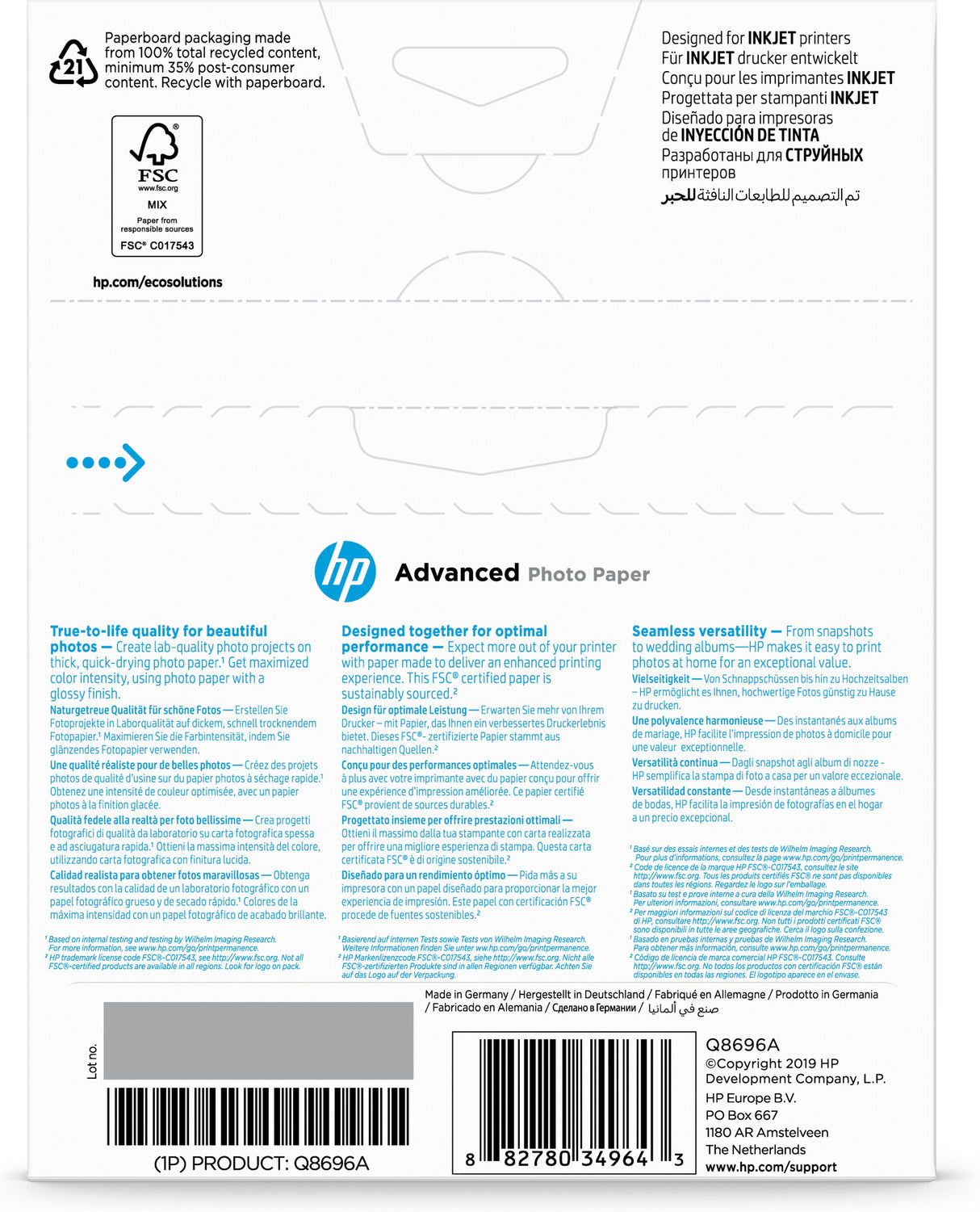 HP Carta fotografica Advanced, lucida, 250 g/m2, 13" x 18" (127 x 178 mm), 25 fogli