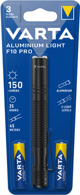 Varta Aluminium F10 Pro LED Flashlight (incl. 2x Longlife Power AAA Batterie per l'uso quotidiano, 150 lumen, resistente agli urti, 3 anni di garanzia) nero per la casa, il campeggio, l'outdoor