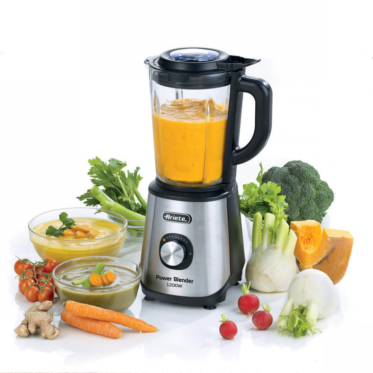 Ariete 579 Power Blender 1200W, Frullatore, 1200W, 4 lame in acciaio inox, 2 velocità + Funzione Pulse, Capacità 1,5 L, Piedini antiscivolo, Coperchio superiore, Metal