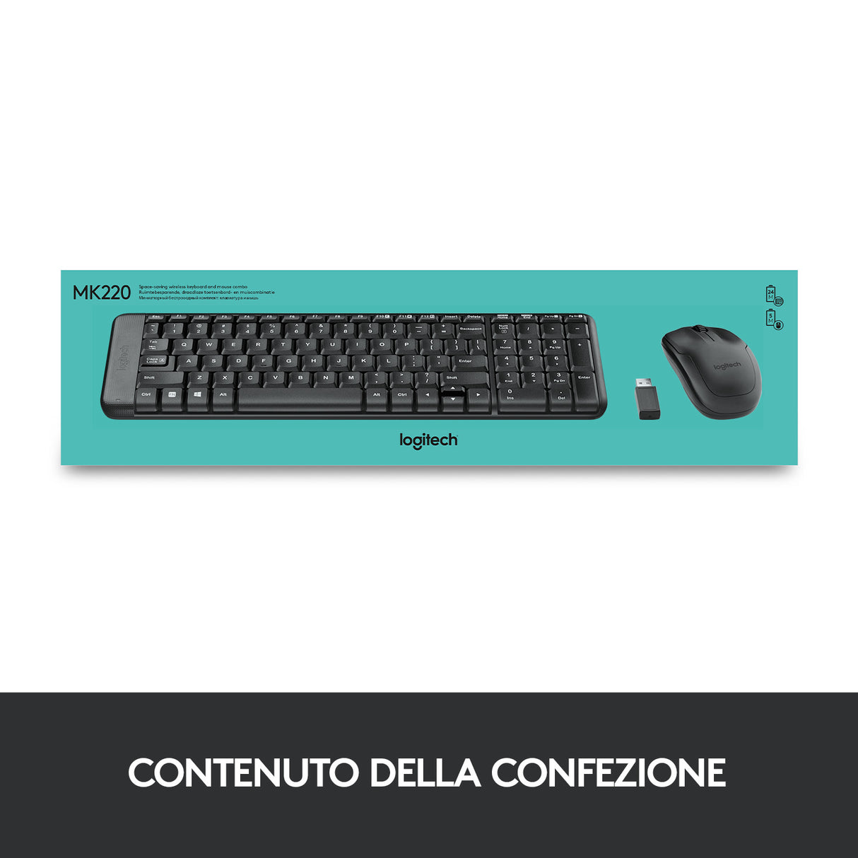 Logitech MK220 Combo Tastiera e Mouse Wireless Compatti per Windows, 2,4 GHz Wireless con Ricevitore USB Unifying, Durata Batteria di 24 Mesi, Compatibile con PC, Laptop