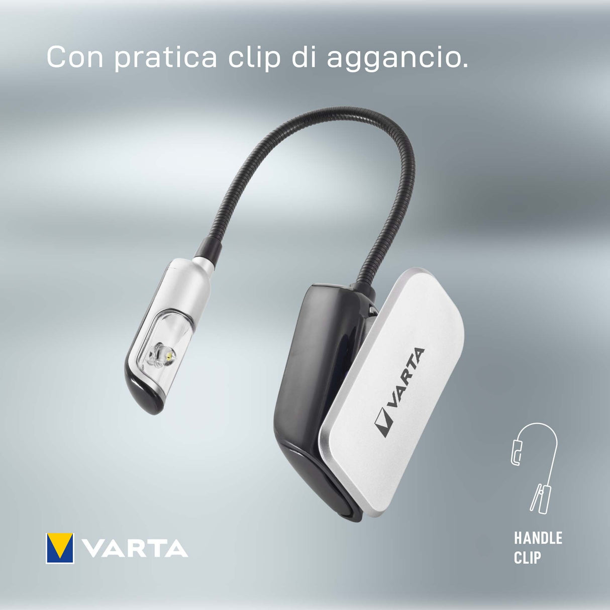 Varta Book Light (incl. 2x CR2032 Celle a bottone, con impugnatura a clip e collo flessibile) argento/nero, luce a clip