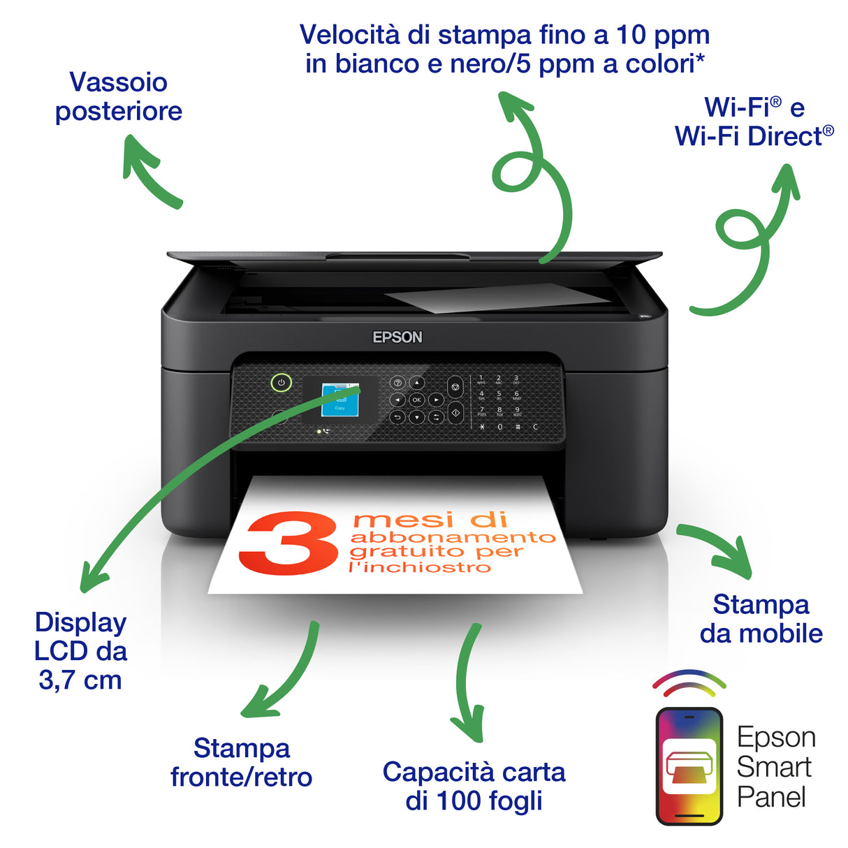 Epson WorkForce WF-2910DWF stampante multifunzione A4 getto d'inchiostro (stampa, scansione, copia) Display LCD 3.7cm, WiFi Direct, AirPrint, 3 mesi inchiostro incluso con ReadyPrint