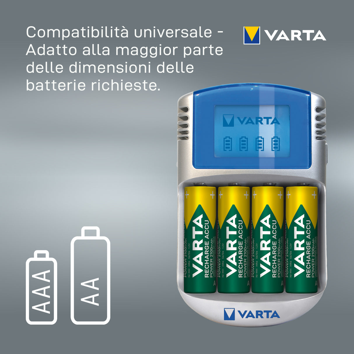 Varta LCD charger AA & AAA (Batterie ricaricabili NiMH incl. 4x AA 2600 mAh accu & AC adattatore & 12 V adattatore & cavo USB),Grigio