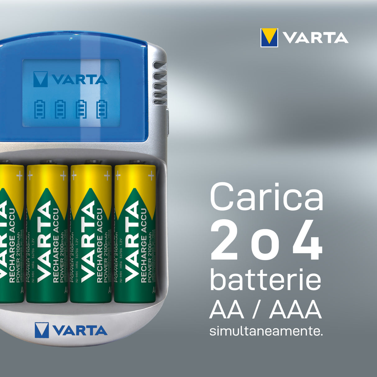 Varta LCD charger AA & AAA (Batterie ricaricabili NiMH incl. 4x AA 2600 mAh accu & AC adattatore & 12 V adattatore & cavo USB),Grigio