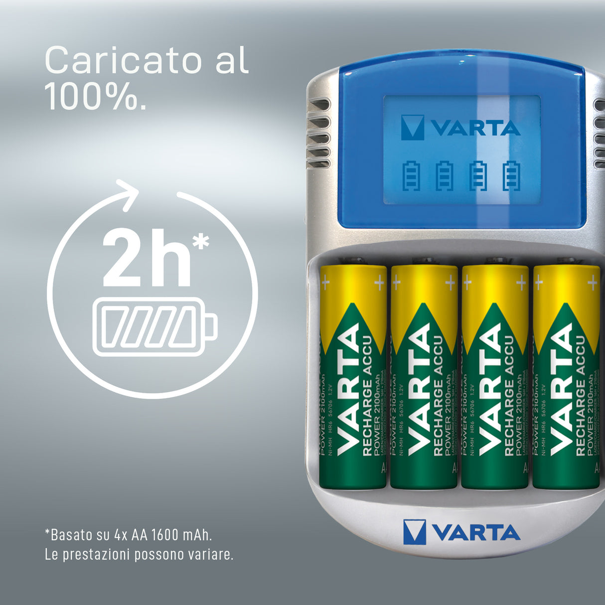 Varta LCD charger AA & AAA (Batterie ricaricabili NiMH incl. 4x AA 2600 mAh accu & AC adattatore & 12 V adattatore & cavo USB),Grigio