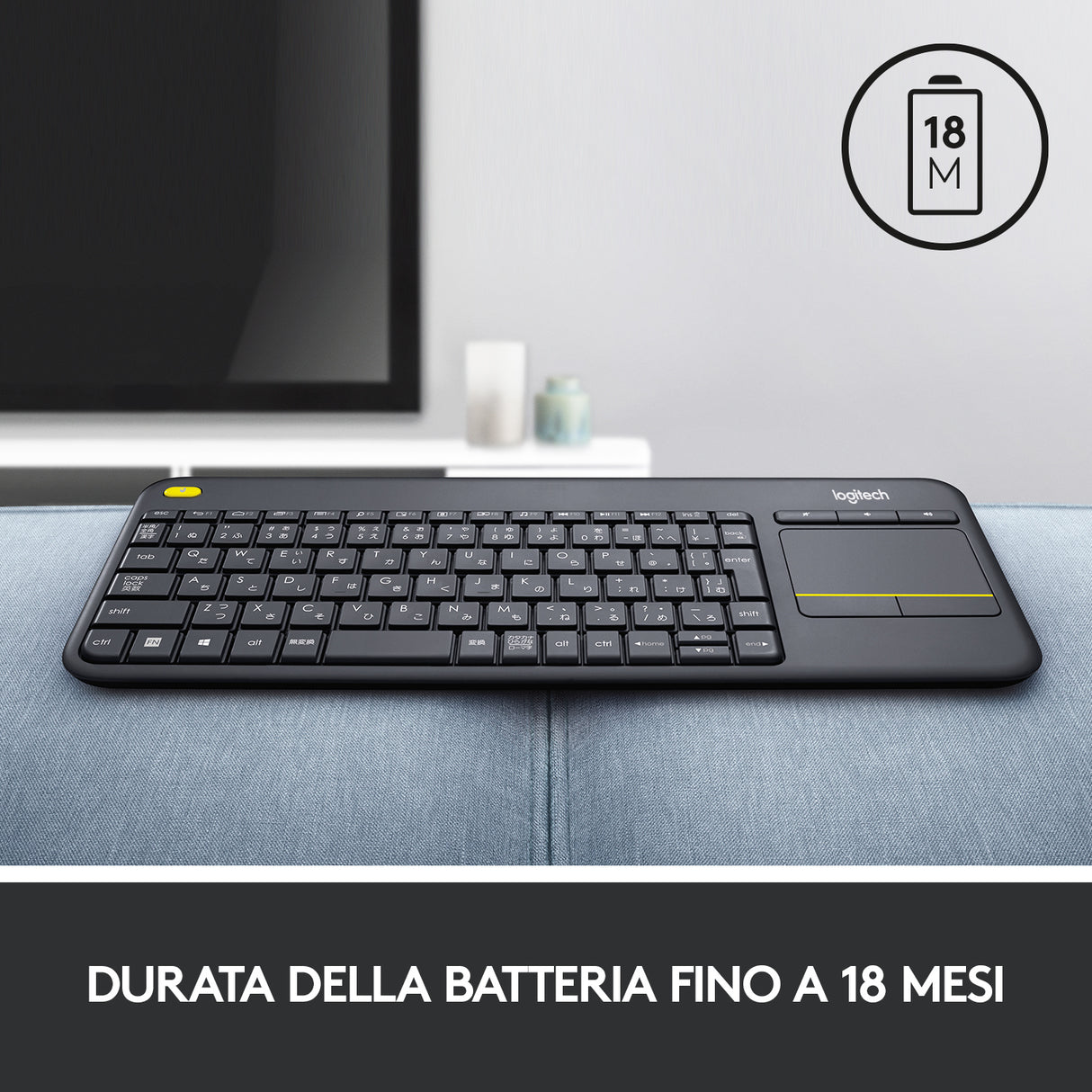 Logitech K400 Plus Tastiera Wireless Touch TV, Facili Controlli Multimediali e Touchpad Integrato, Tastiera HTPC per TV Collegata al PC, Windows, Android, Chrome OS, Laptop, Tablet