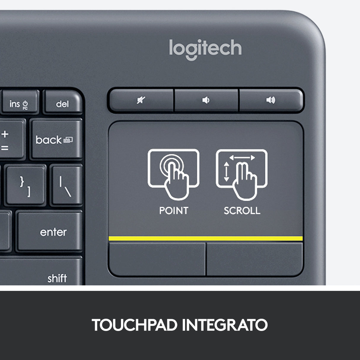 Logitech K400 Plus Tastiera Wireless Touch TV, Facili Controlli Multimediali e Touchpad Integrato, Tastiera HTPC per TV Collegata al PC, Windows, Android, Chrome OS, Laptop, Tablet