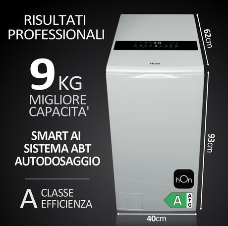 Haier HW90-BPD13386U-S LAVATRICE CARICA ALTO, AUTODOSE, Caricamento dall'alto, 9 kg, 62 cm, Classe A