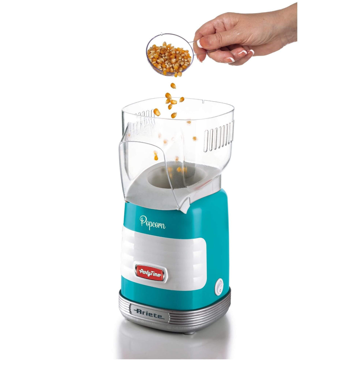 Ariete 2956, Pop Corn Party Time, Macchina per Pop Corn, Scoppia 60gr di Mais per Pop Corn in 2 minuti con Aria Calda, Senza Grassi, 1000 Watt, Azzurro