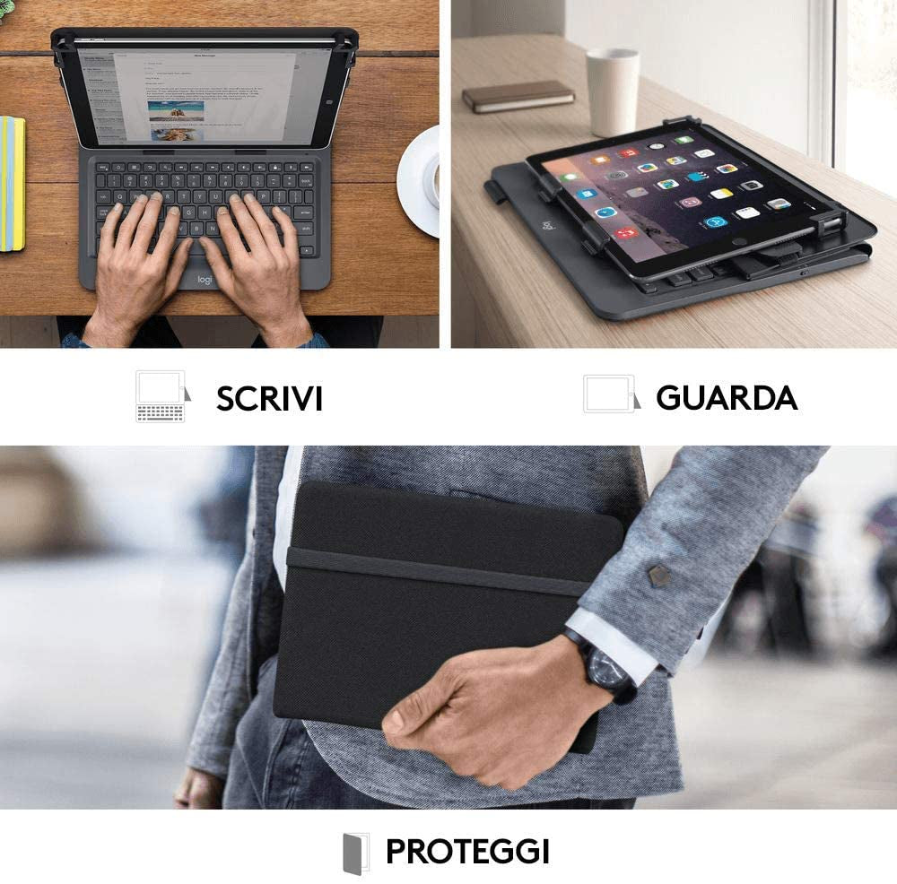 Logitech Universal Folio Cover iPad o Tablet con Tastiera Bluetooth Wireless, Per la maggior parte dei tablet da 9-10", iOS, ‎Android, Windows, ‎Italiano Qwerty, Nero