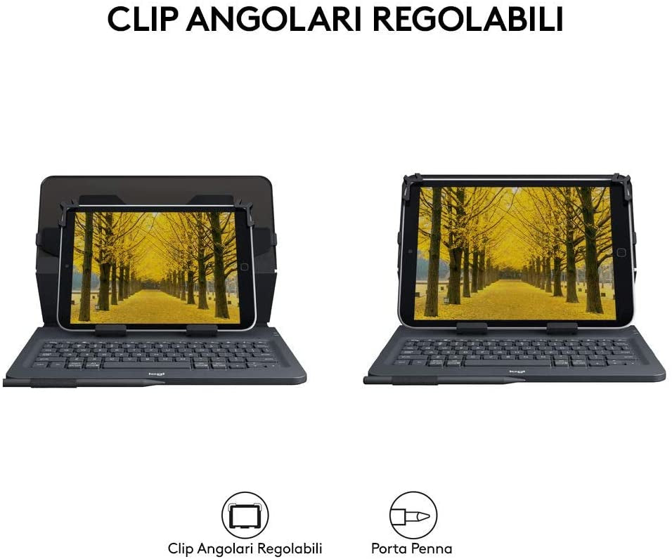 Logitech Universal Folio Cover iPad o Tablet con Tastiera Bluetooth Wireless, Per la maggior parte dei tablet da 9-10", iOS, ‎Android, Windows, ‎Italiano Qwerty, Nero