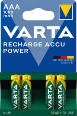 Varta Recharge Accu Power AAA 1000 mAh Blister da 4 (Batteria NiMH Accu Precaricata, Micro, ricaricabile, pronta all'uso)