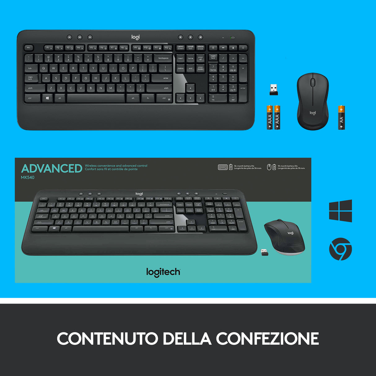 Logitech MK540 Advanced Combo Tastiera e Mouse Wireless per Windows, Ricevitore USB Unifying 2,4 GHz, Tasti di Scelta Rapida Multimediali, Durata Batteria di 3 Anni, per PC, Laptop