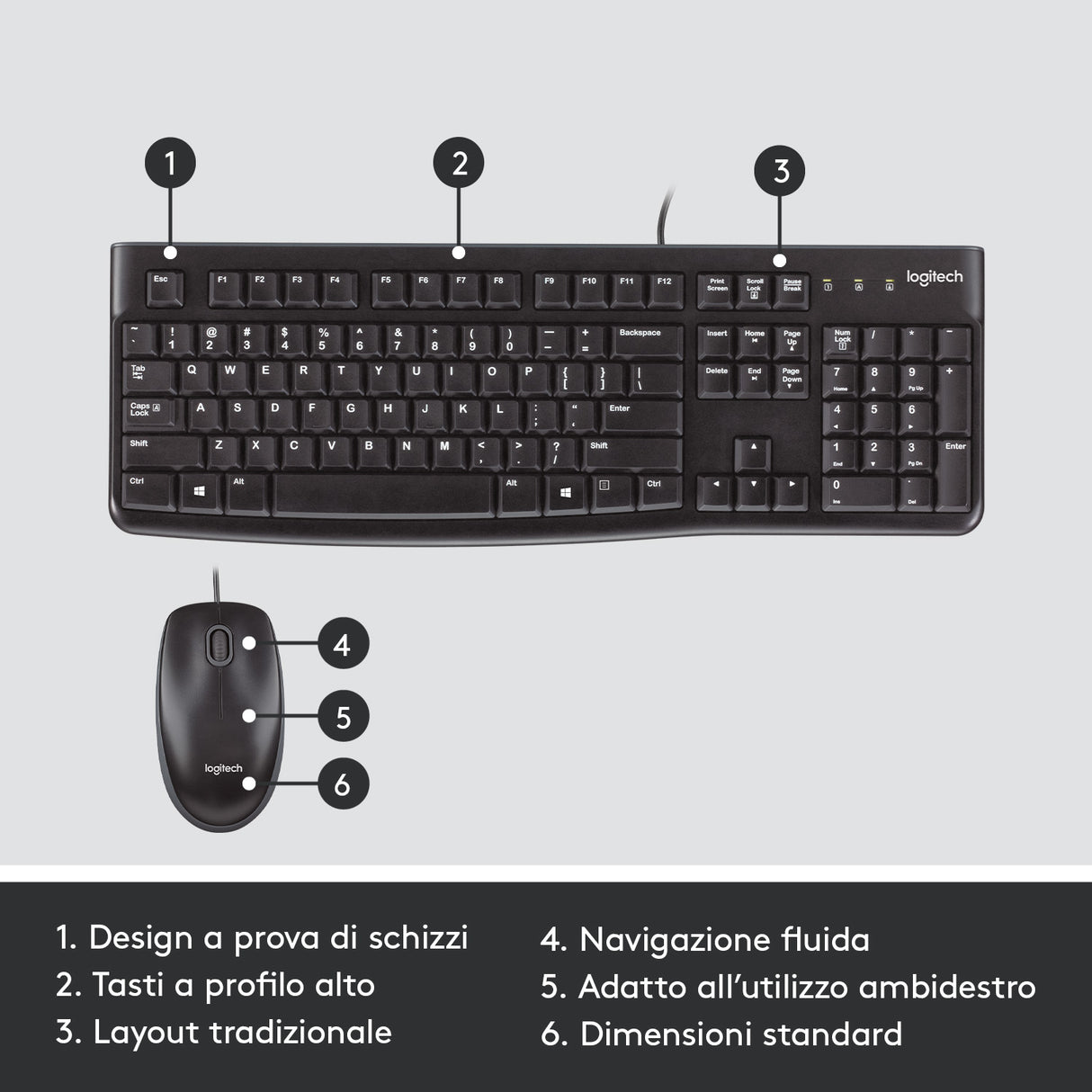 Logitech MK120 Combo Tastiera e Mouse con Filo per Windows, Mouse Ottico Cablato, Tastiera di Dimensioni Standard, USB Plug-and-Play, Compatibile con PC, Laptop