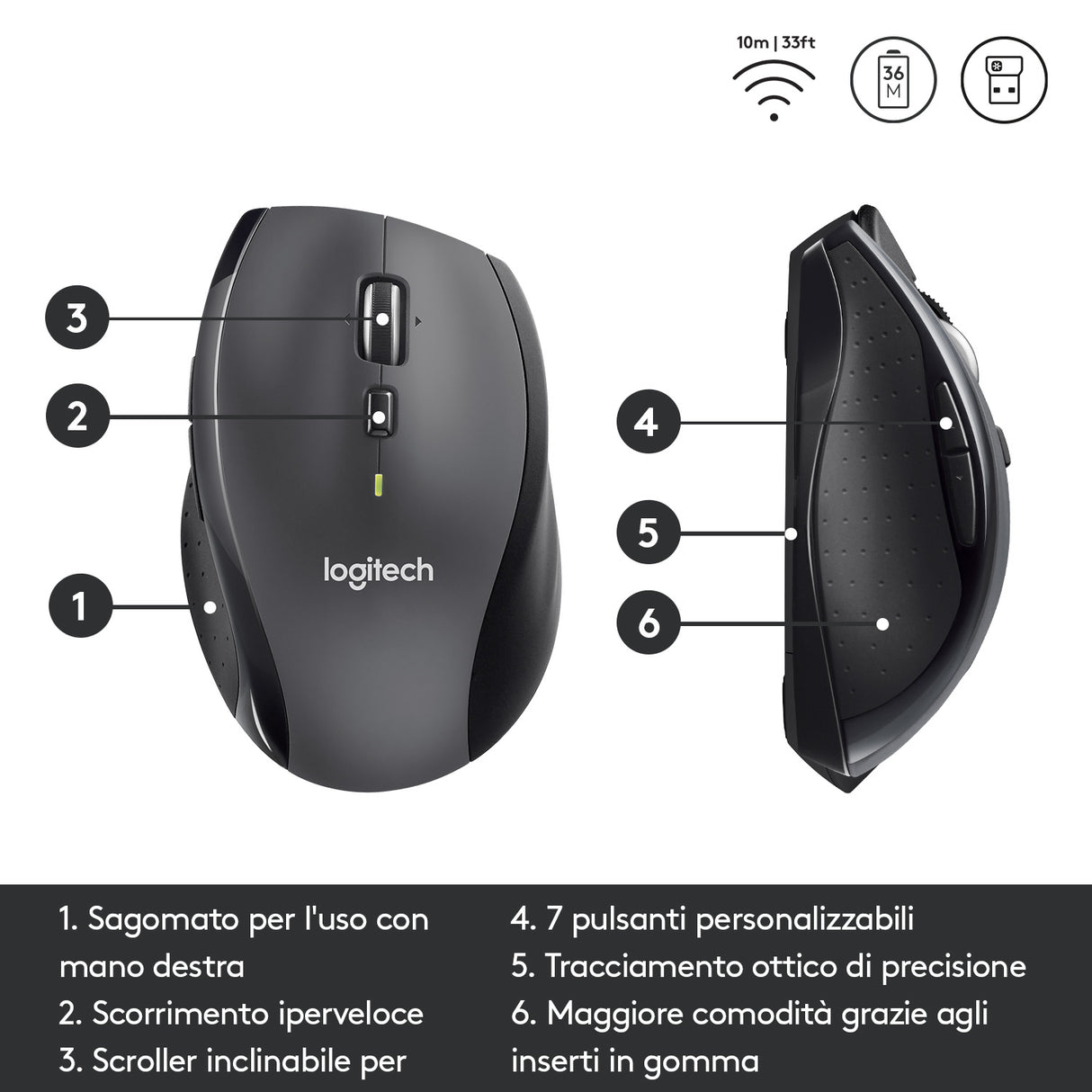 Logitech M705 Marathon Mouse Wireless, Ricevitore USB Unifying 2,4 GHz, 1000 DPI, 5 Pulsanti Programmabili, Durata Batteria di 3 Anni, Compatibile con PC, Mac, Laptop, Chromebook