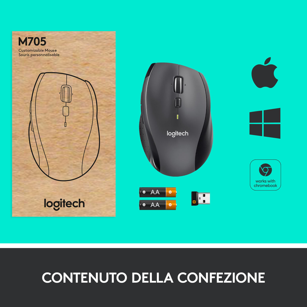 Logitech M705 Marathon Mouse Wireless, Ricevitore USB Unifying 2,4 GHz, 1000 DPI, 5 Pulsanti Programmabili, Durata Batteria di 3 Anni, Compatibile con PC, Mac, Laptop, Chromebook