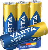 Varta Longlife Power, Batteria Alcalina, AA, Mignon, LR6, 1.5V, Blister da 4, Made in Germany