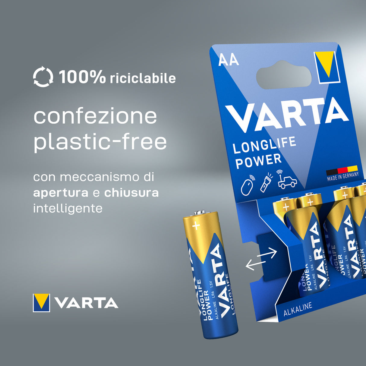 Varta Longlife Power, Batteria Alcalina, AA, Mignon, LR6, 1.5V, Blister da 4, Made in Germany