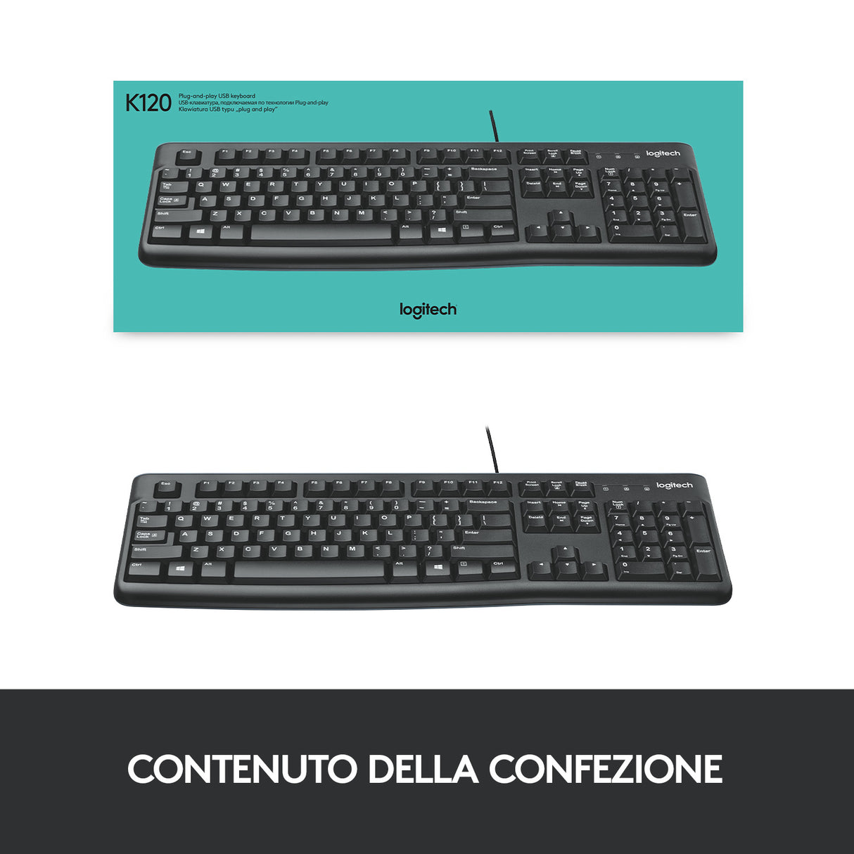 Logitech K120 Tastiera con Cavo per Windows, USB Plug-and-Play, Dimensioni Standard, Resistente agli Schizzi, Barra Spaziatrice Curva, Compatibile con PC, Laptop