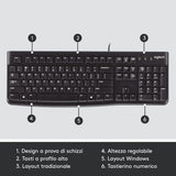 Logitech K120 Tastiera con Cavo per Windows, USB Plug-and-Play, Dimensioni Standard, Resistente agli Schizzi, Barra Spaziatrice Curva, Compatibile con PC, Laptop