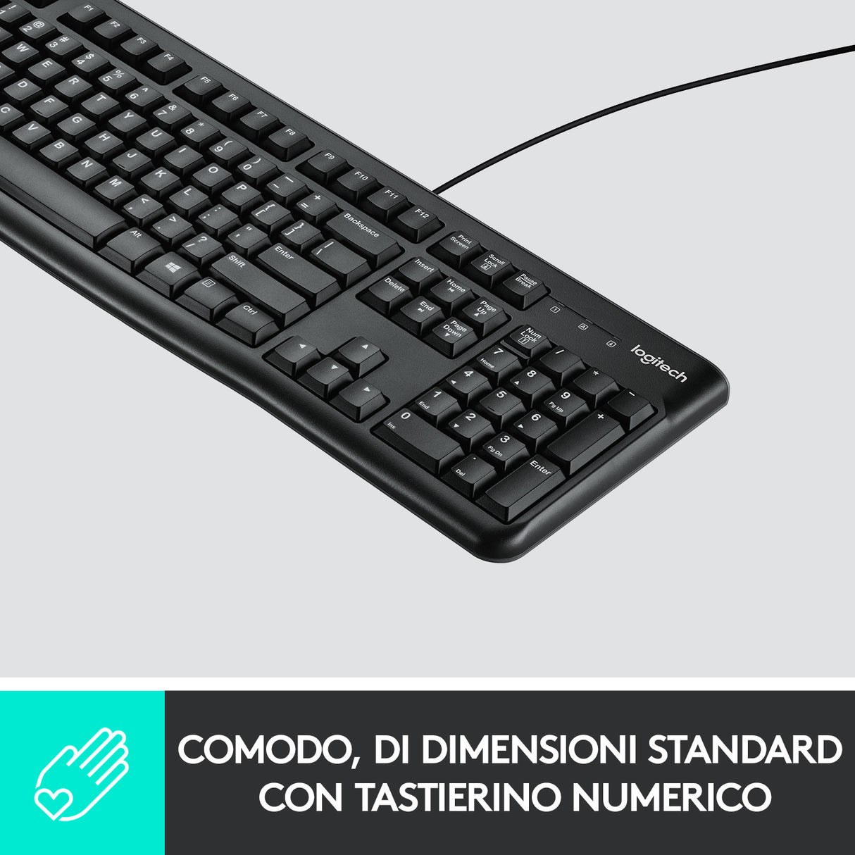 Logitech K120 Tastiera con Cavo per Windows, USB Plug-and-Play, Dimensioni Standard, Resistente agli Schizzi, Barra Spaziatrice Curva, Compatibile con PC, Laptop