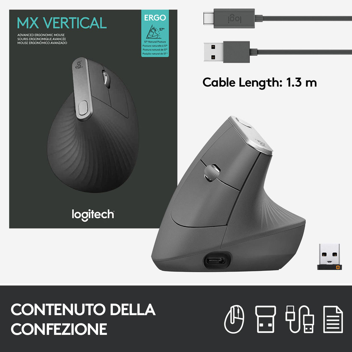 Logitech MX Vertical mouse Ufficio Mano destra RF senza fili + Bluetooth Ottico 4000 DPI