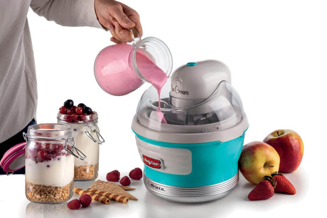 Ariete 643 Ice Cream Maker Party Time, Macchina per fare il gelato, 12W, Capacità 1,5 L, Cestello estraibile con doppio isolamento, Tempo preparazione 30 minuti, Coperchio per aggiunta ingredienti, Azzurro