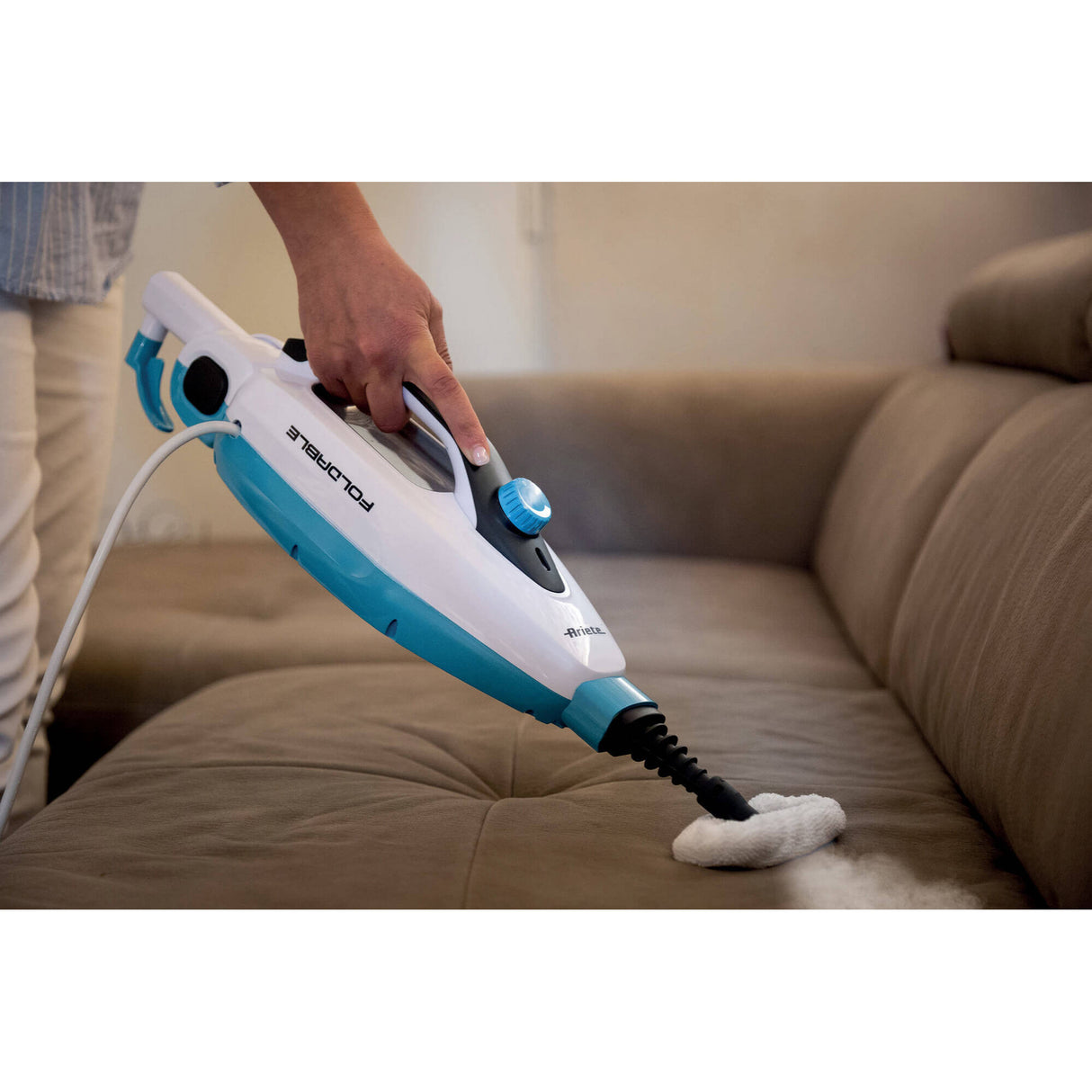 Ariete 4175 Steam Mop Foldable 10 in 1, Scopa a Vapore Pieghevole, 1500 Watt, 10 funzioni in 1, Kit accessori, Capacità 350 cc, Bianco/Azzurro