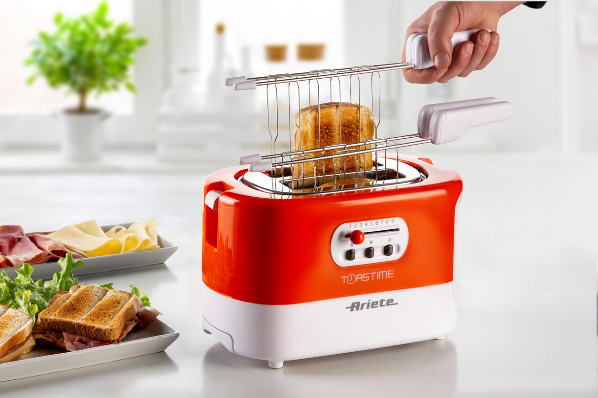 Ariete 159 Toastime - Tostapane con Pinze per 2 fette di pane - 9 Gradi di Doratura - 700 Watt - Bianco e Arancio