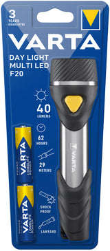 Varta Day Light Multi LED F20 LED Flashlight (incl. 2x Longlife Power AA e cordino, a prova d'urto) argento/nero per la casa, per tutti i giorni, per le interruzioni di corrente