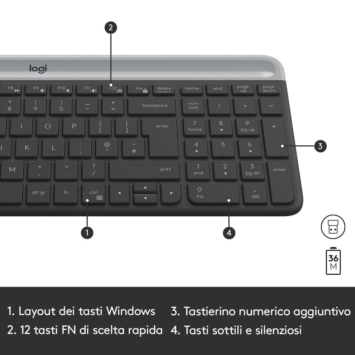 Logitech MK470 Kit Mouse e Tastiera Wireless per Windows, Ricevitore USB 2.4 GHz, ‎Sottile, Compatto, Silenzioso, Batteria Lunga Durata, PC/Laptop, Layout Italiano QWERTY, ‎Grigio