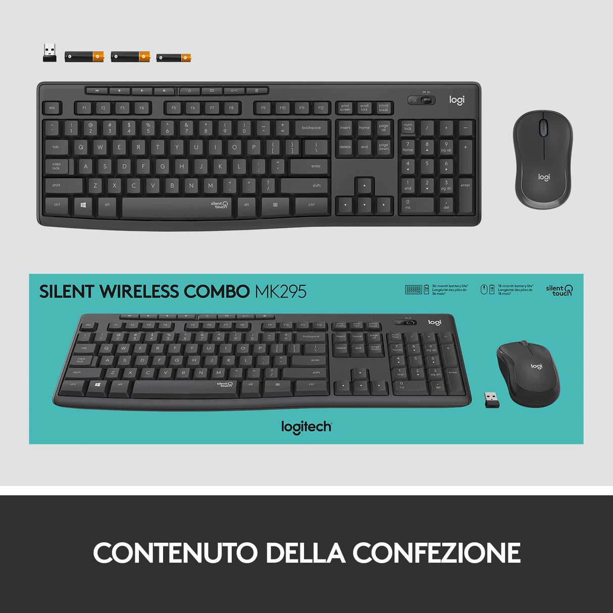 Logitech MK295 Kit Mouse e Tastiera Wireless – Tecnologia SilentTouch, Tastierino Numerico, Tasti Scelta Rapida, Tracciamento Ottico Avanzato, Ricevitore USB Nano, Senza Lag, Meno 90% di Rumore