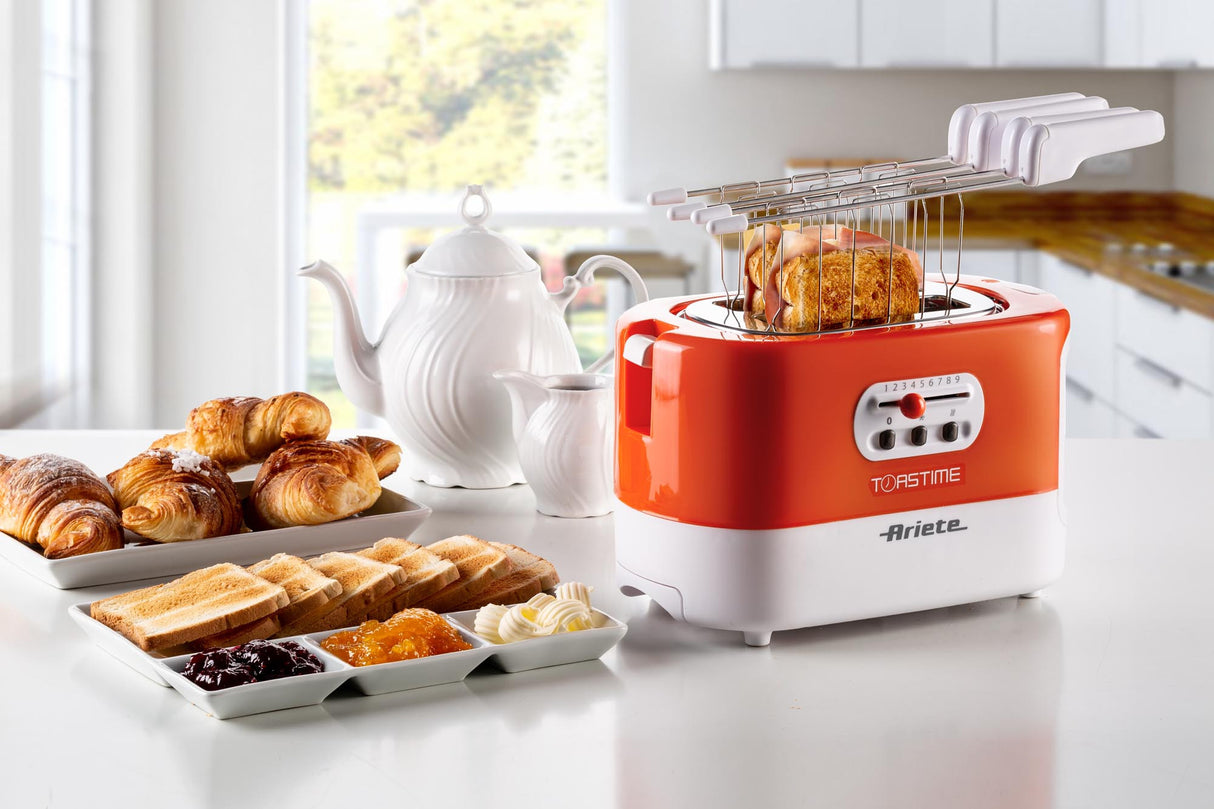 Ariete 159 Toastime - Tostapane con Pinze per 2 fette di pane - 9 Gradi di Doratura - 700 Watt - Bianco e Arancio