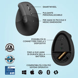 Logitech Lift Mouse Ergonomico Verticale, Senza Fili, Ricevitore Bluetooth o Logi Bolt USB, Clic Silenziosi, 4 Tasti, Compatibile con Windows / macOS / iPadOS, Laptop, PC. Grafite