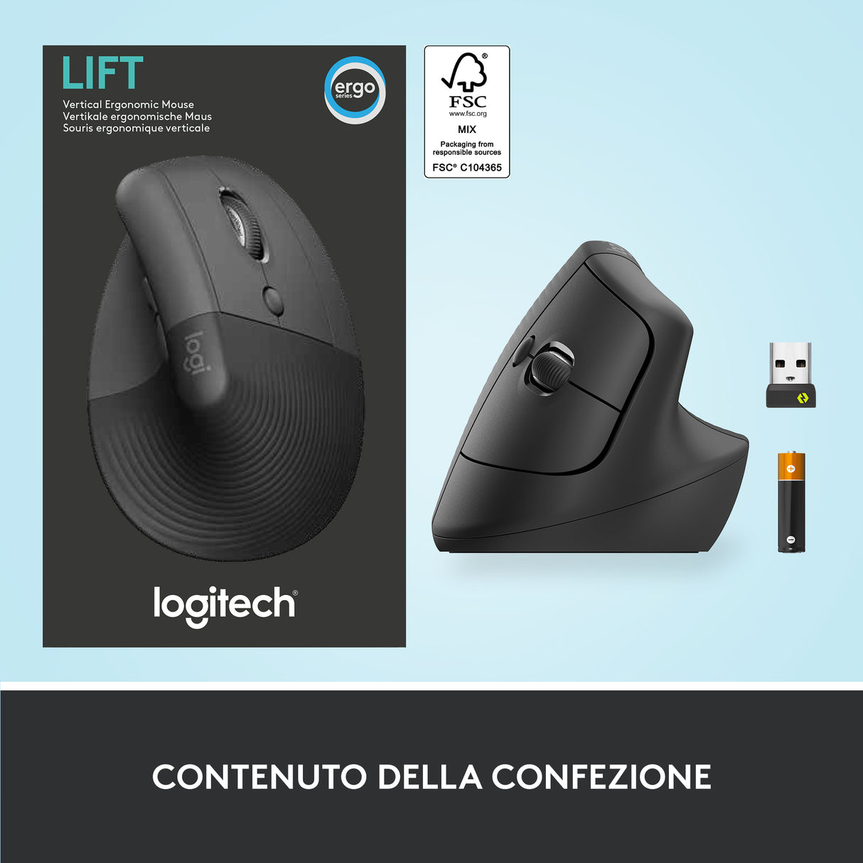 Logitech Lift Mouse Ergonomico Verticale, Senza Fili, Ricevitore Bluetooth o Logi Bolt USB, Clic Silenziosi, 4 Tasti, Compatibile con Windows / macOS / iPadOS, Laptop, PC. Grafite