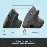 Logitech Lift Mouse Ergonomico Verticale, Senza Fili, Ricevitore Bluetooth o Logi Bolt USB, Clic Silenziosi, 4 Tasti, Compatibile con Windows / macOS / iPadOS, Laptop, PC. Grafite