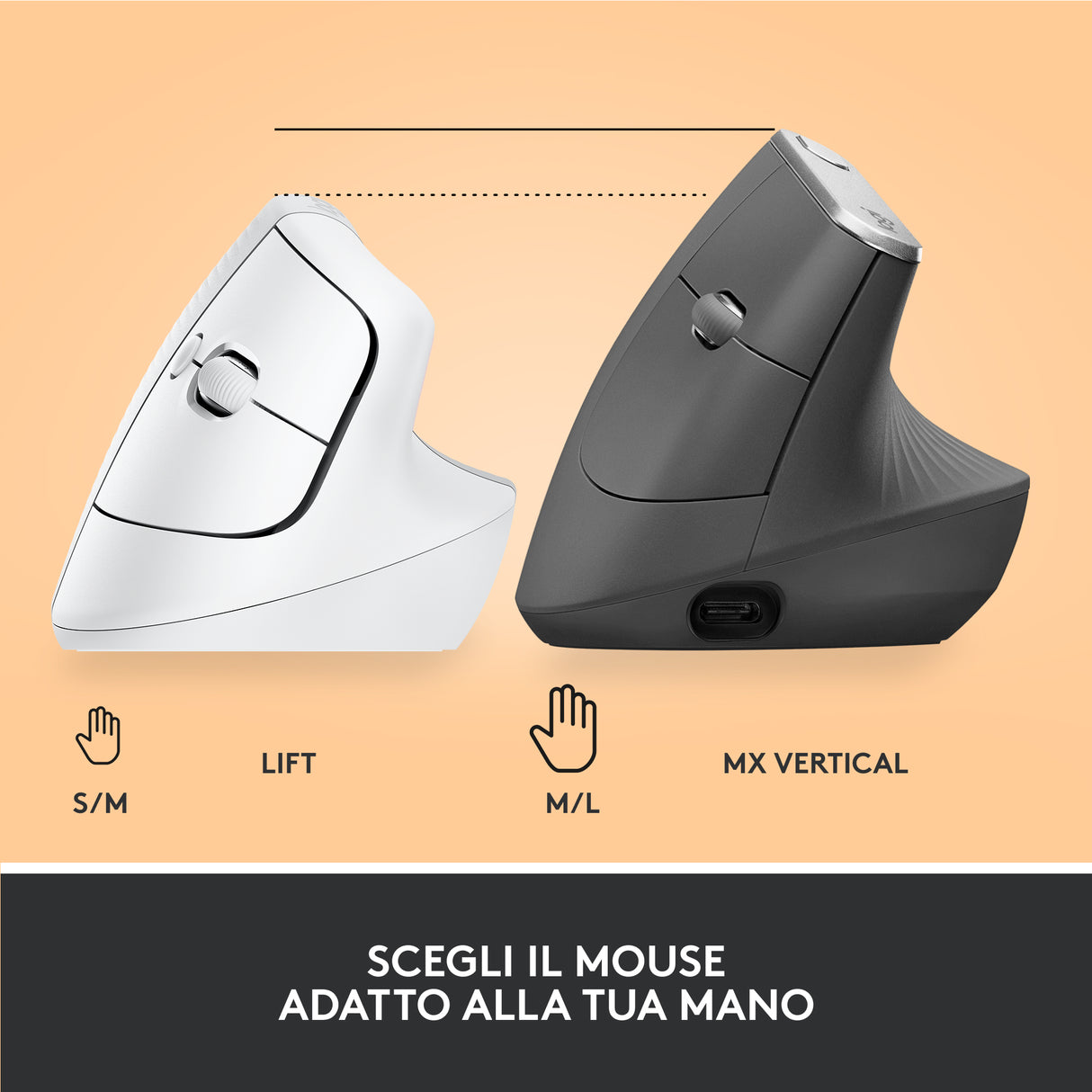 Logitech Lift Mouse Ergonomico Verticale, Senza Fili, Ricevitore Bluetooth o Logi Bolt USB, Clic Silenziosi, 4 Tasti, Compatibile con Windows / macOS / iPadOS, Laptop, PC. Bianco