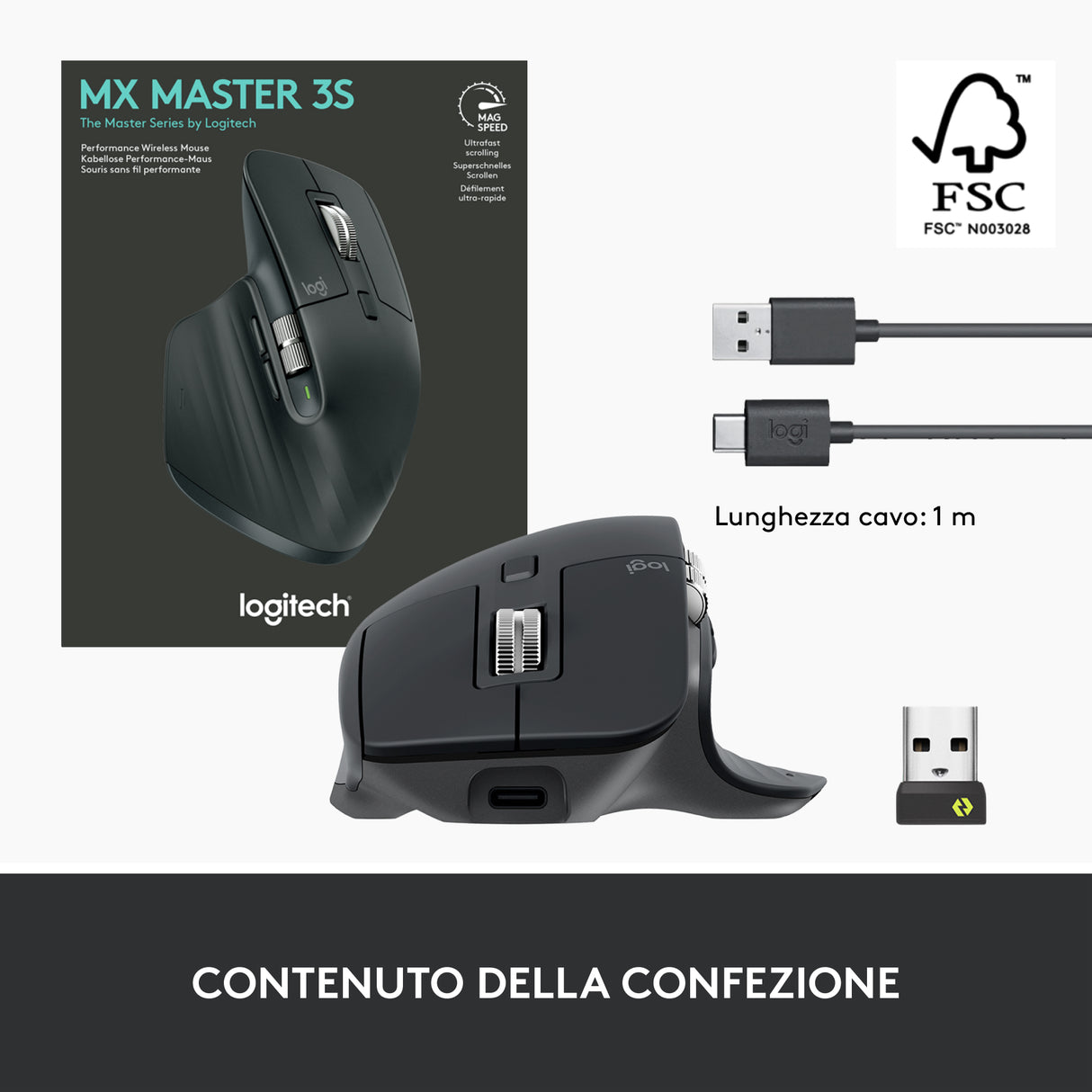 Logitech MX Master 3S mouse Ufficio Mano destra RF senza fili + Bluetooth Laser 8000 DPI