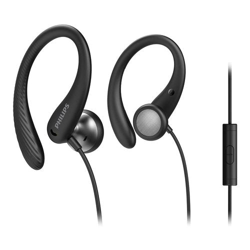 Philips TAA1105BK/00 Cuffie con Filo per Fitness e Sport, Microfono, IPX2 Resistenti al Sudore, Supporti per l'orecchio Flessibili, Vestibilità Sicura, Pulsanti Integrati, Auricolari con Filo, Nero