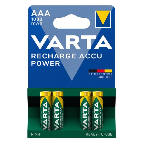 Varta Recharge Accu Power AAA 1000 mAh Blister da 4 (Batteria NiMH Accu Precaricata, Micro, ricaricabile, pronta all'uso)