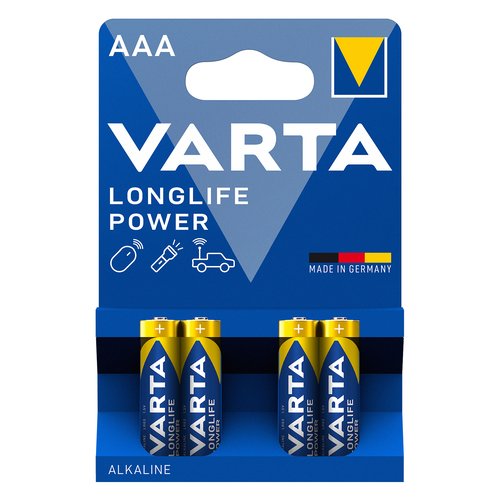 Varta Longlife Power, Batteria Alcalina, AAA, Micro, LR03, 1.5V, Blister da 4, Made in Germany