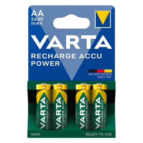 Varta Recharge Accu Power AA 2600 mAh Blister da 4 (Batteria NiMH Accu Precaricata, Mignon, batteria ricaricabile, pronta all'uso)