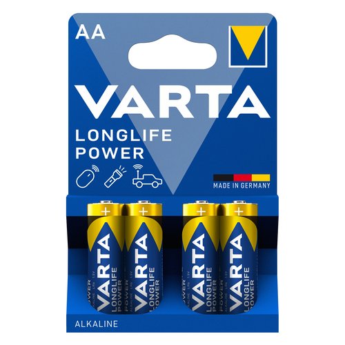 Varta Longlife Power, Batteria Alcalina, AA, Mignon, LR6, 1.5V, Blister da 4, Made in Germany