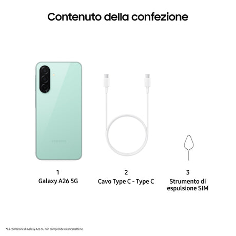 Samsung Galaxy A26 5G, Smartphone con Funzioni intelligenti, Display Super AMOLED 6.7”, 8GB RAM, 256GB, Batteria 5.000 mAh, memoria espandibile, Mint