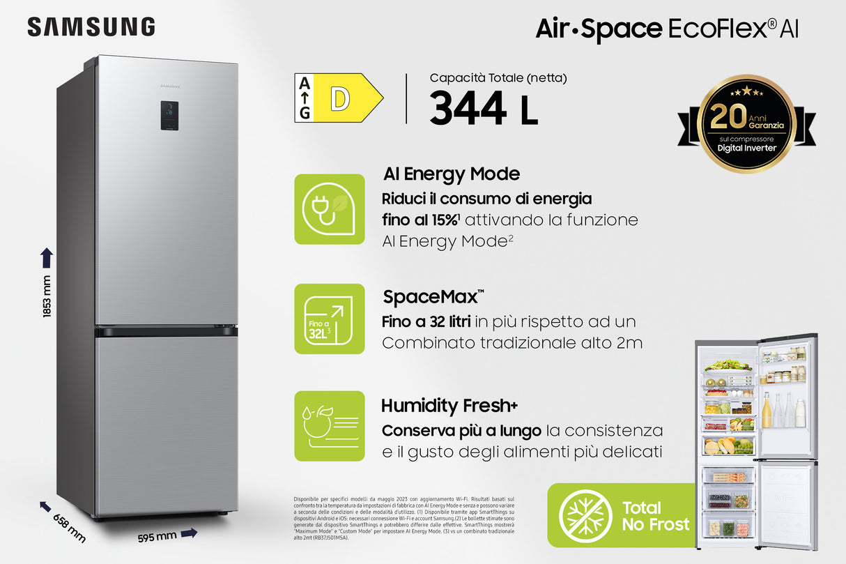Samsung Frigorifero Combinato EcoFlex AI 1.85m 344L RB34C675DSA