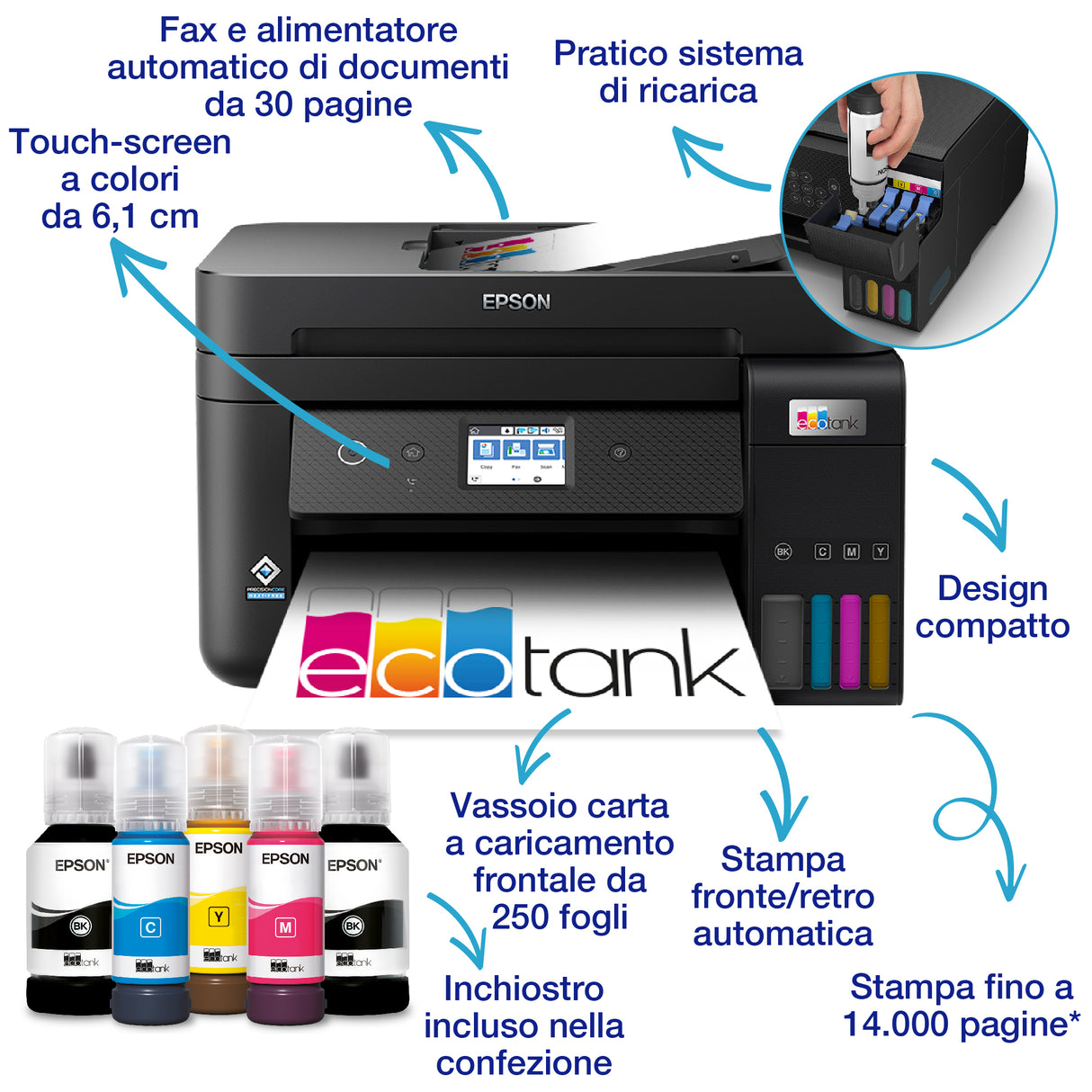 Epson EcoTank ET-4800 stampante multifunzione inkjet 4-in-1 A4, serbatoi ricaricabili alta capacità, 4 flaconi inclusi pari a 7500pag B/N 4500pag colore, Wi-FI Direct, USB