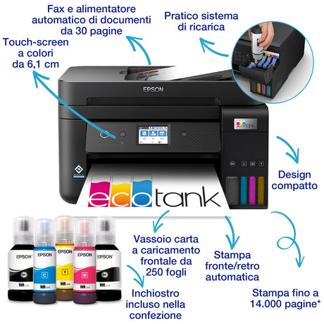 Epson EcoTank ET-4800 stampante multifunzione inkjet 4-in-1 A4, serbatoi ricaricabili alta capacità, 4 flaconi inclusi pari a 7500pag B/N 4500pag colore, Wi-FI Direct, USB